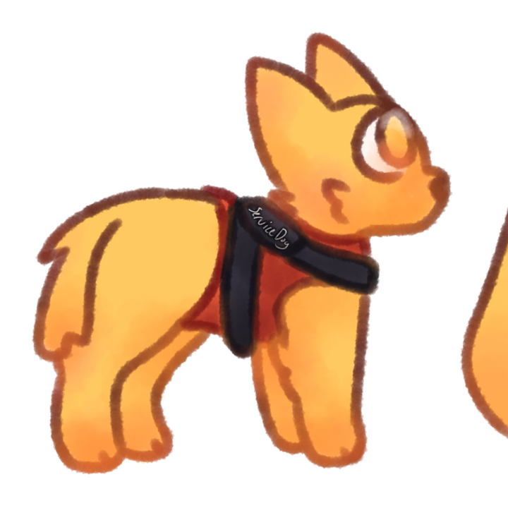 Drawing of an emojidog with a red service dog vest on following its handler.