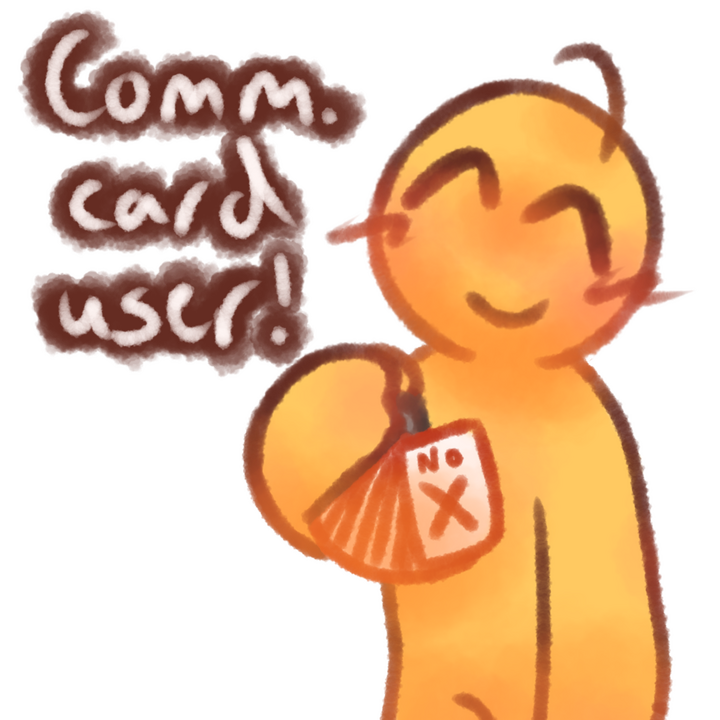 Drawing of an emojiperson happily holding communication cards. The text "Comm. cards user!" in white with a brown outline can be seen to the left of the drawing.