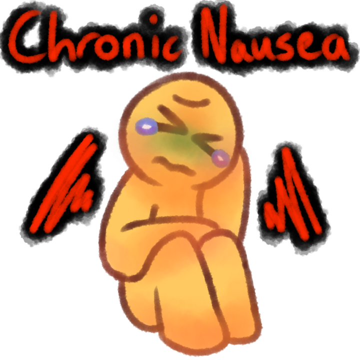 Drawing of an emojiperson sitting and holding their stomach with their right hand and resting their head on their left. They have tears in their eyes and are flushed. There's text above them that says "Chronic Nausea" in red with a black outline.
