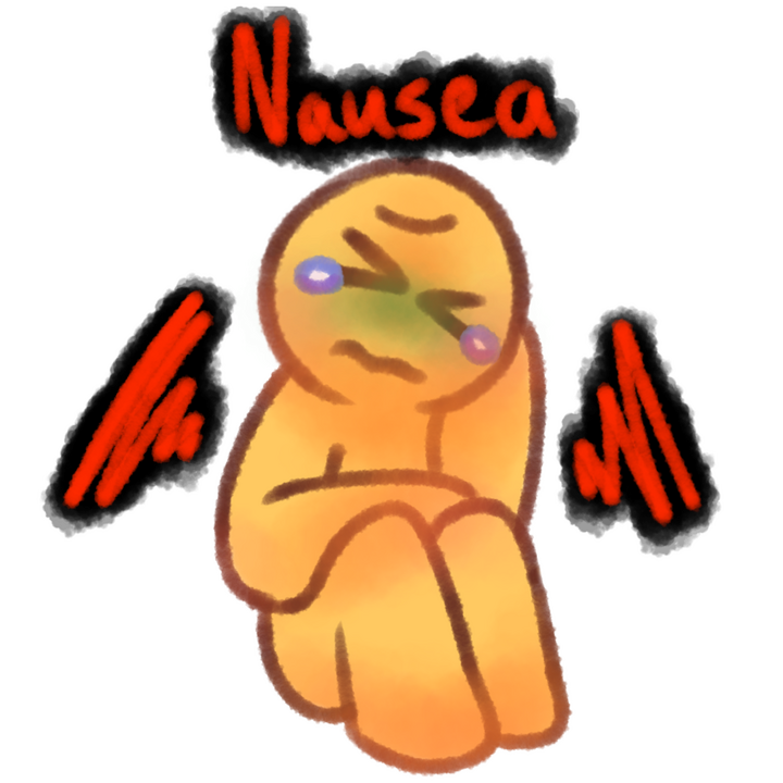 Drawing of an emojiperson sitting and holding their stomach with their right hand and resting their head on their left. They have tears in their eyes and are flushed. There's text above them that says "Nausea" in red with a black outline.
