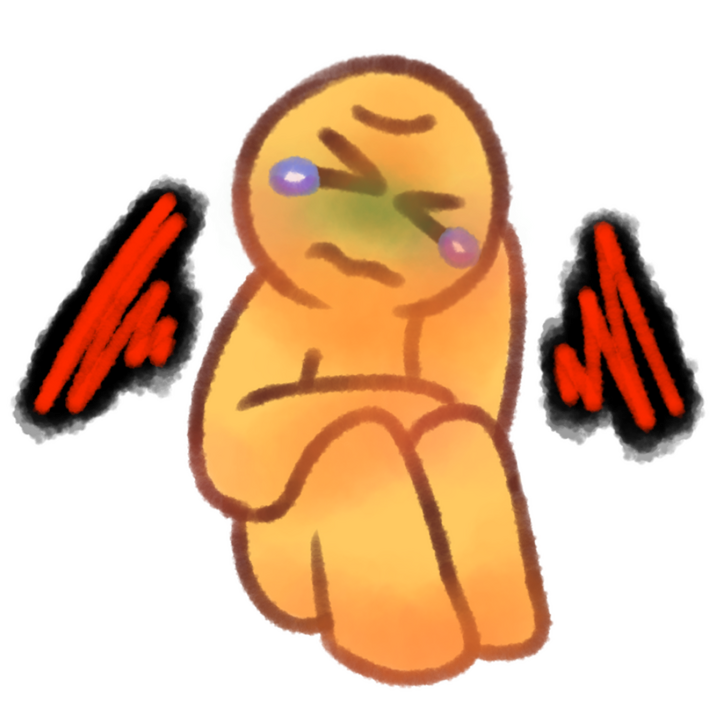 Drawing of an emojiperson sitting and holding their stomach with their right hand and resting their head on their left. They have tears in their eyes and are flushed. There's squiggles coming from their stomach that are red with a black outline.