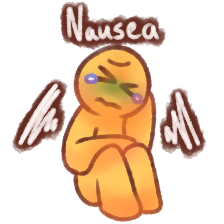 Drawing of an emojiperson sitting and holding their stomach with their right hand and resting their head on their left. They have tears in their eyes and are flushed. There's text above them that says "Nausea" in white with a brown outline.