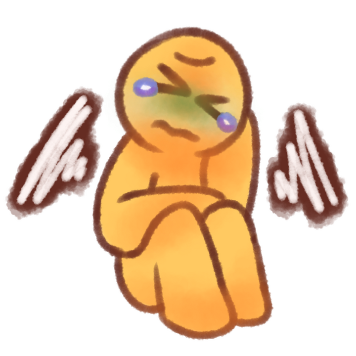 Drawing of an emojiperson sitting and holding their stomach with their right hand and resting their head on their left. They have tears in their eyes and are pale. There's squiggles coming from their stomach that are white with a brown outline.