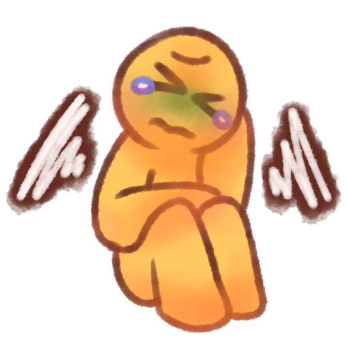 Drawing of an emojiperson sitting and holding their stomach with their right hand and resting their head on their left. They have tears in their eyes and are flushed. There's squiggles coming from their stomach that are white with a brown outline.