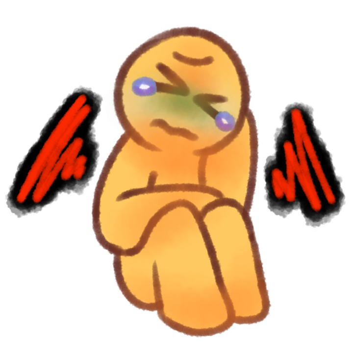 Drawing of an emojiperson sitting and holding their stomach with their right hand and resting their head on their left. They have tears in their eyes and are pale. There's squiggles coming from their stomach that are red with a black outline.