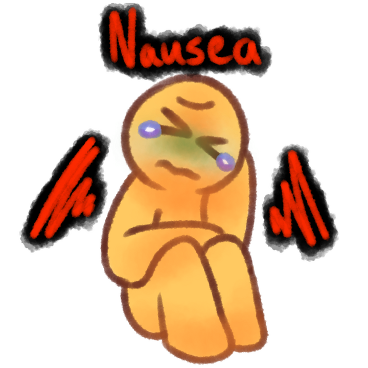 Drawing of an emojiperson sitting and holding their stomach with their right hand and resting their head on their left. They have tears in their eyes and are pale. There's text above them that says "Nausea" in red with a black outline.