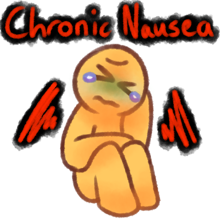 Drawing of an emojiperson sitting and holding their stomach with their right hand and resting their head on their left. They have tears in their eyes and are pale. There's text above them that says "Chronic Nausea" in red with a black outline.