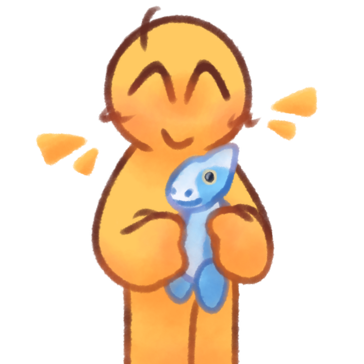 Drawing of an emojiperson happily holding a white and blue plush.