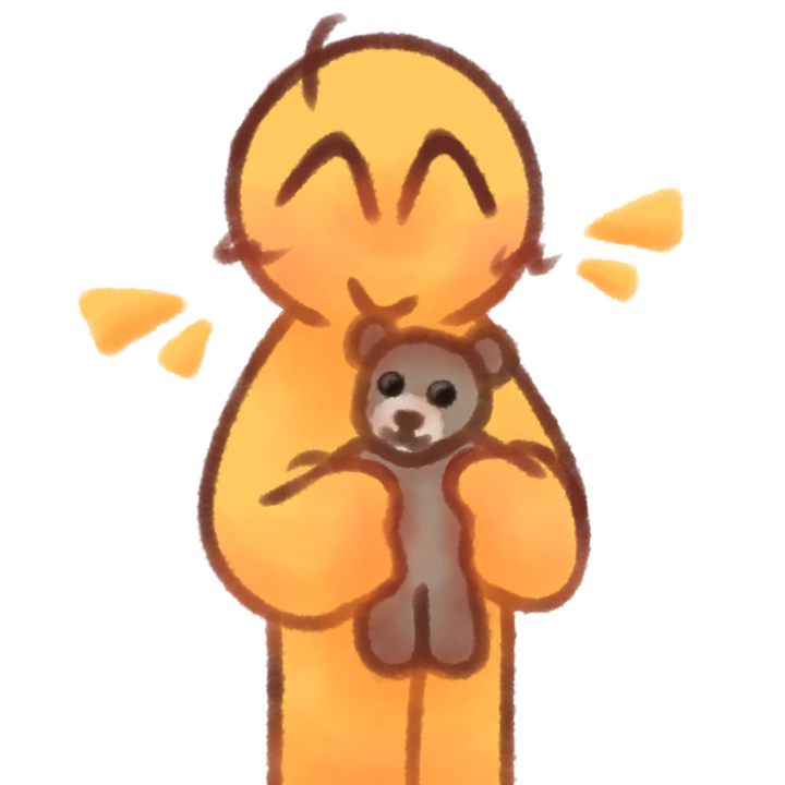 Drawing of an emojiperson happily holding a bear plush.