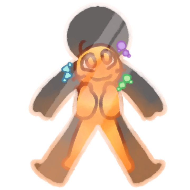 Drawing of a small emojiperson inside a large glass body, looking happy with colored shapes around their head.