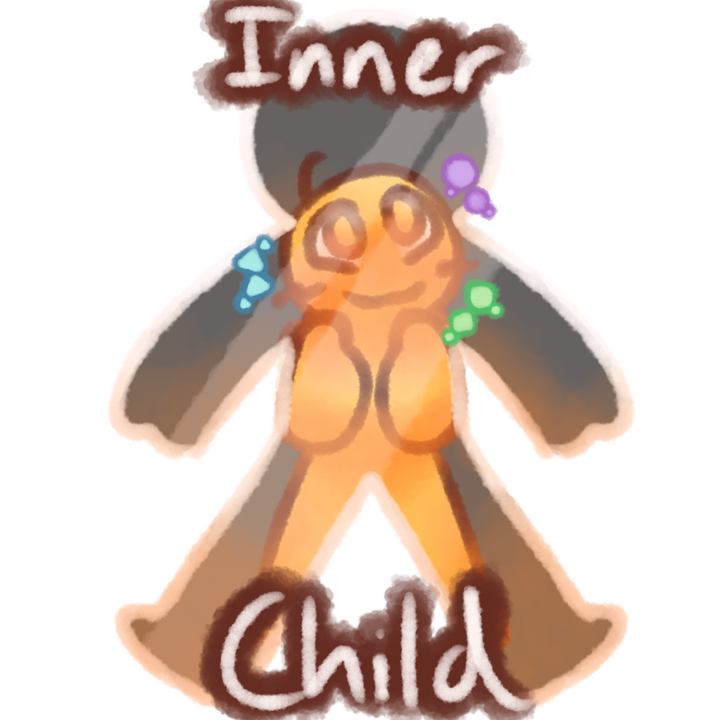 Drawing of a small emojiperson inside a large glass body, looking happy with colored shapes around their head. There are the words "Inner Child" above and below the drawing in white with a brown outline.