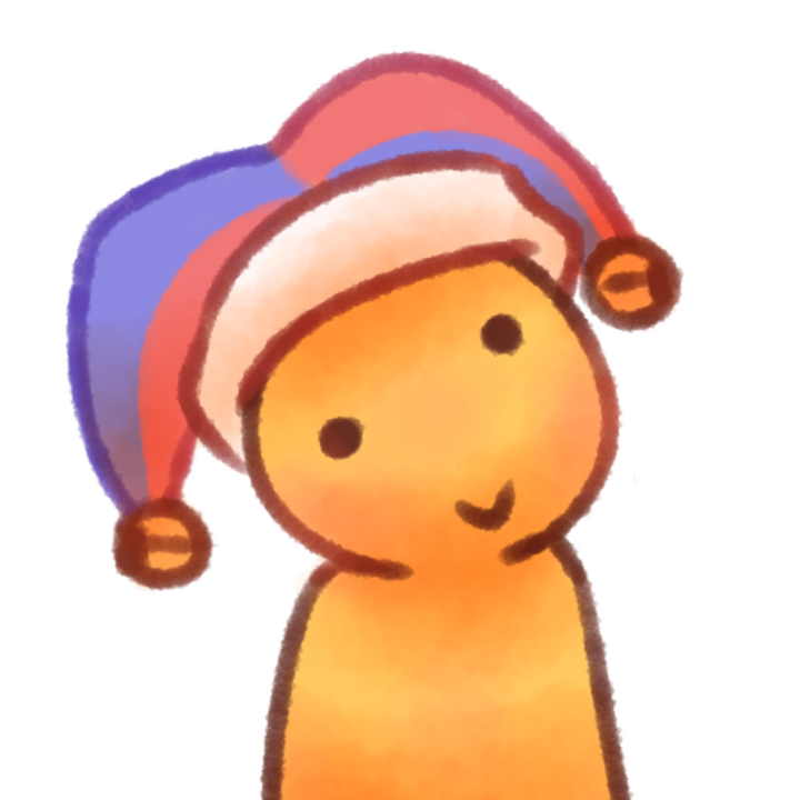 Drawing of a spaced out happy looking emojiperson with a jester hat on.