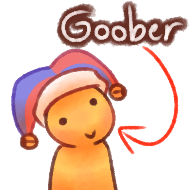 Drawing of a spaced out happy looking emojiperson with a jester hat on with the text "Goober" in white with a brown outline above and a red arrow pointing a the person.
