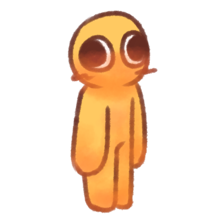Drawing of an emojiperson with big eyes and no showing mouth just standing there blankly.