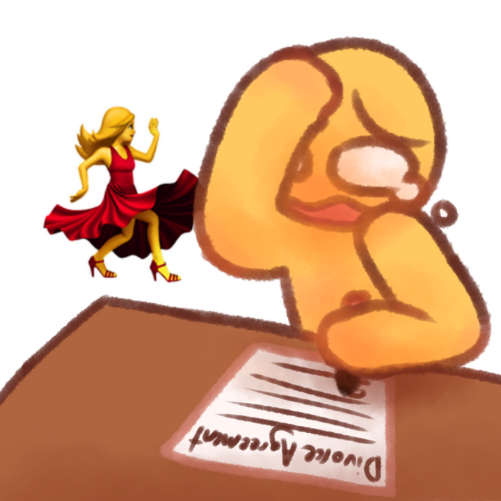 Drawing of an emojiperson sitting at a desk and crying while signing divorce papers. There's a default apple emoji of a girl dancing in the background.