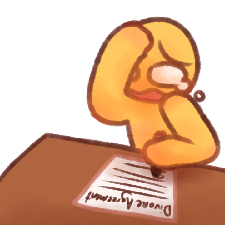 Drawing of an emojiperson sitting at a desk and crying while signing divorce papers.