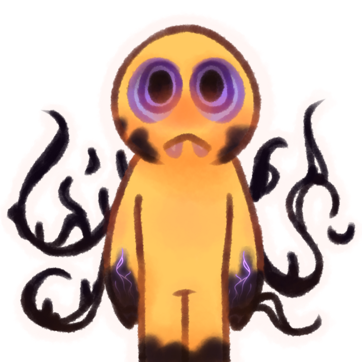 Drawing of an emojiperson that is partly humanoid and partly enderman. They have big purple eyes with black pupils, and parts of their skin are black. There's several strands of black goop arising from behind them. Their arms have purple glowing veins show