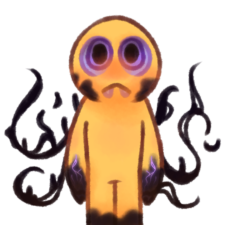 Drawing of an emojiperson that is partly humanoid and partly enderman. They have big purple eyes with black pupils, and parts of their skin are black. There's several strands of black goop arising from behind them. Their arms have purple glowing veins show
