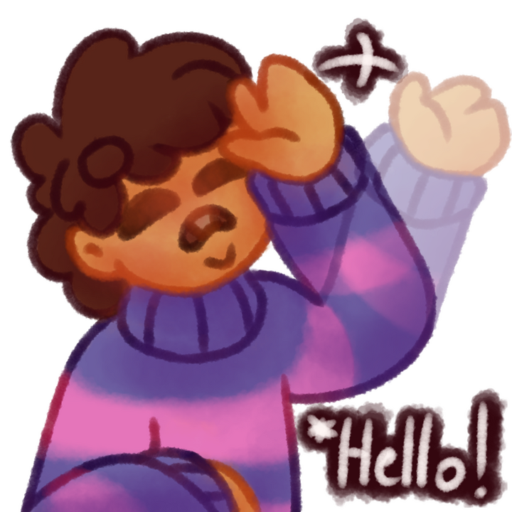 Drawing of Frisk from Undertale making the ASL sign "Hello". The text "Hello" in white with a brown outline can be seen in the bottom right corner.