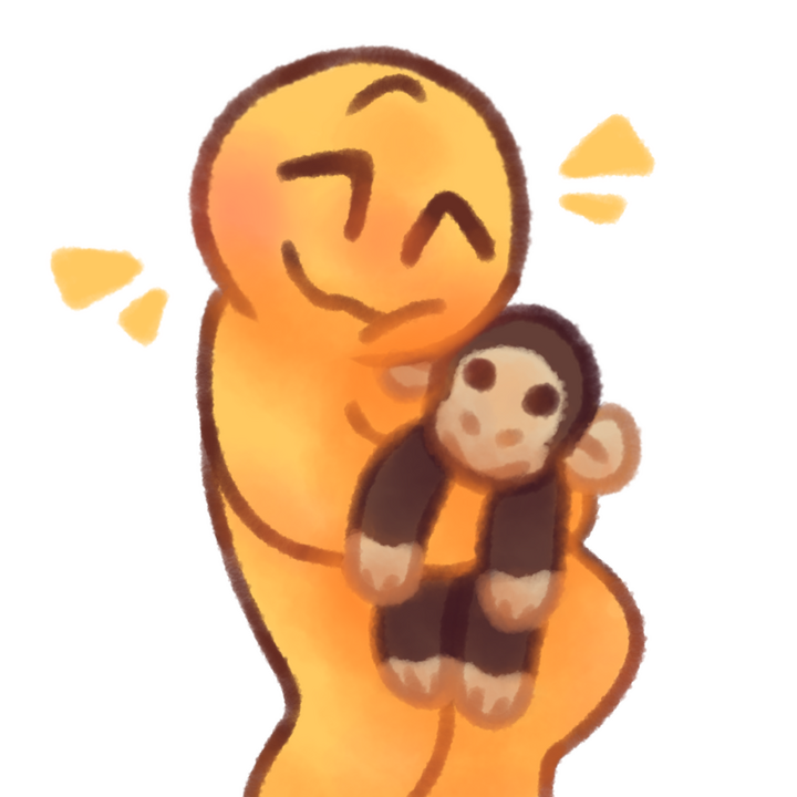 Drawing of an age regressed emojiperson happily hugging a monkey plush.