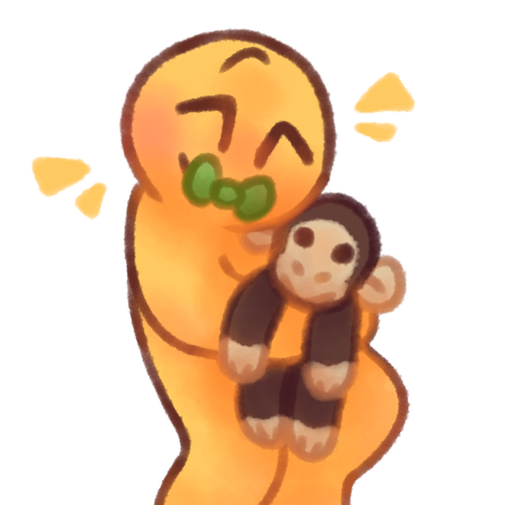 Drawing of an age regressed emojiperson happily hugging a monkey plush with a green pacifier in their mouth.