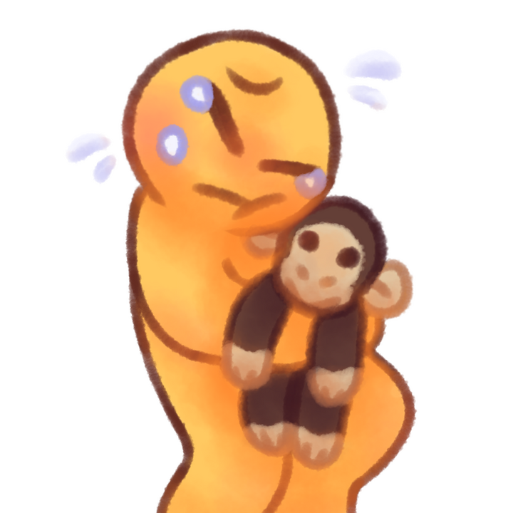 Drawing of an age regressed emojiperson crying and hugging a monkey plush.