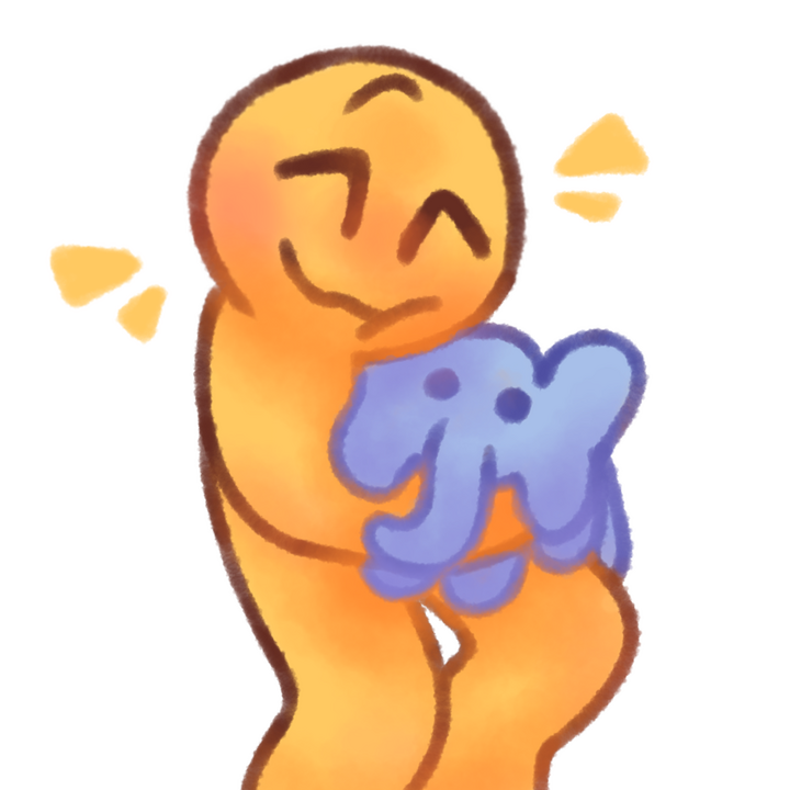 Drawing of an age regressed emojiperson happily hugging an elephant plush.