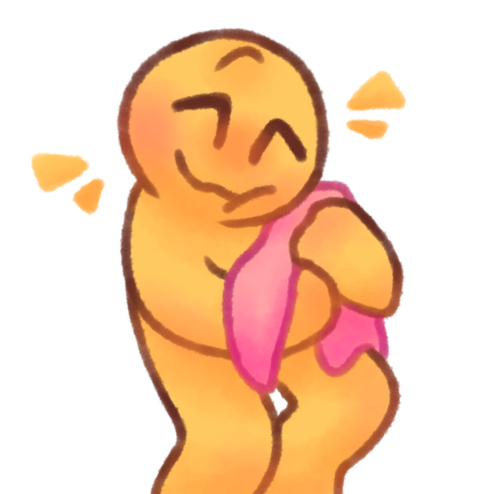 Drawing of an age regressed emojiperson happily hugging a pink blanket.