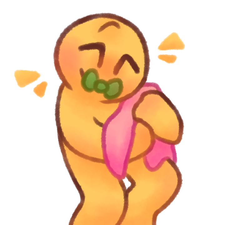 Drawing of an age regressed emojiperson happily hugging a pink blanket with a green pacifier in their mouth.
