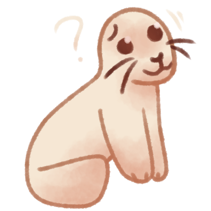 Drawing of a harp seal pup looking confused and tilting its head.