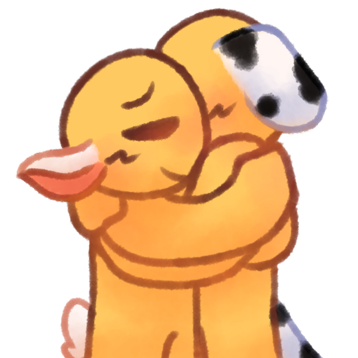 Drawing of two emojipeople hugging, with one smiling worriedly at the other and the other having the body language of someone upset, though their face is hidden. The taller person had dalmation ears and tail, while the shorter person has lamb ears and tail
