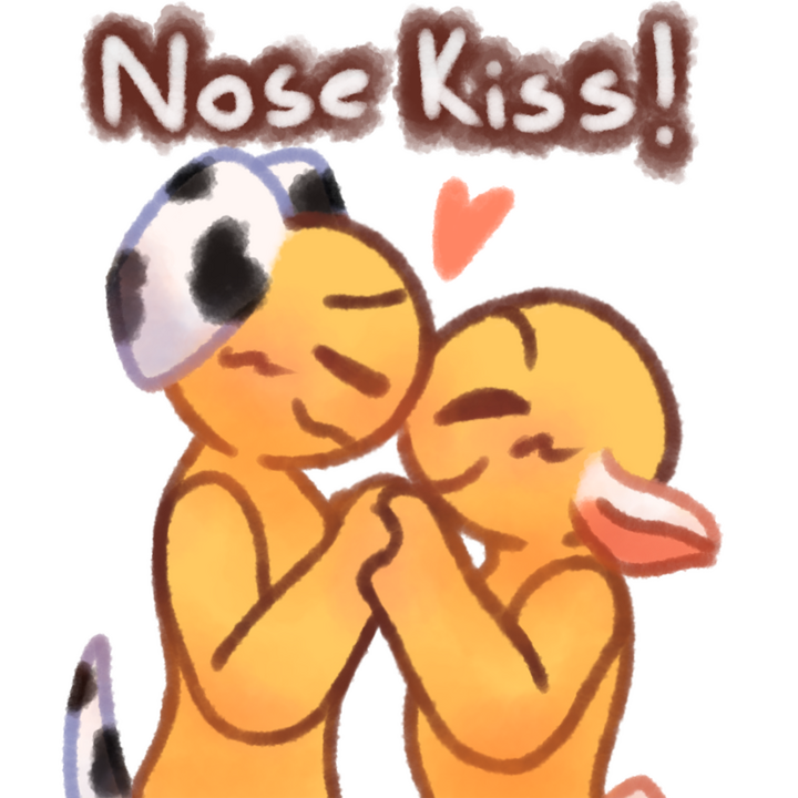 Drawing of two emojipeople giving each other a nose kiss. The taller person had dalmation ears and tail, while the shorter person has lamb ears and tail. The text "Nose Kiss!" in white with a brown outline can be seen above the drawing.
