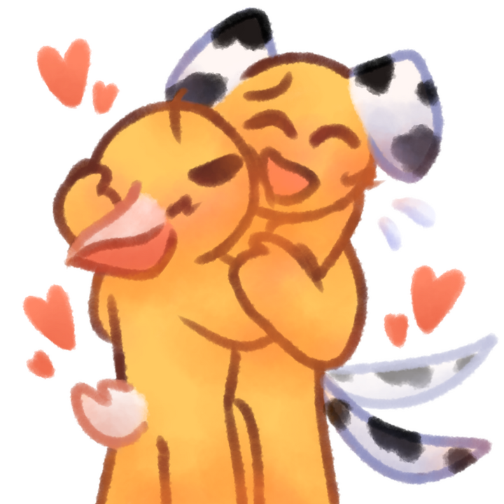 Drawing of two emojipeople, one giving the other a kiss on the cheek while the other is flustered. The taller person had dalmation ears and tail, while the shorter person has lamb ears and tail.