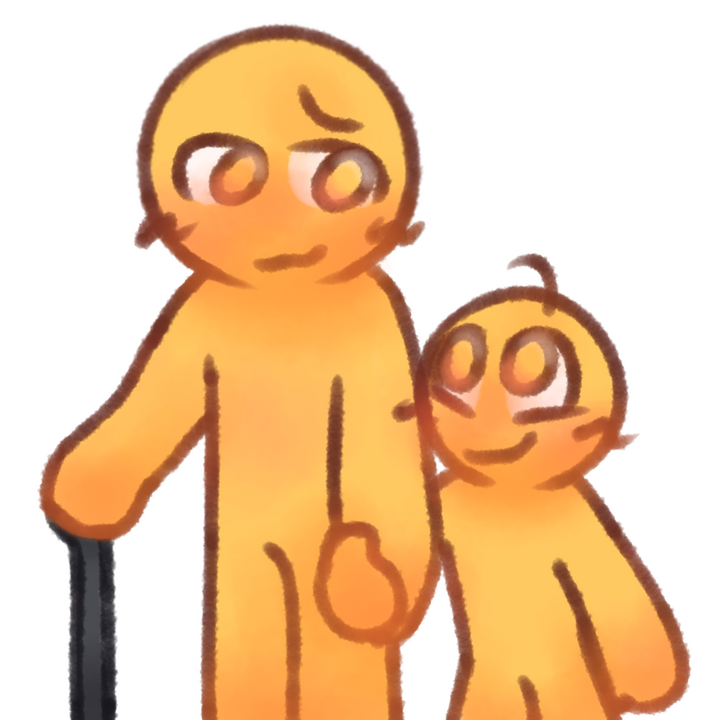 Drawing of two emojipeople, one being an adult with a cane and the other being a child helping the adult walk.