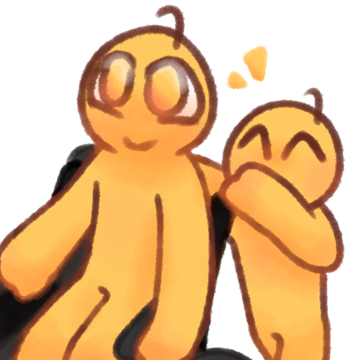 Drawing of two emojipeople, one being an adult in a wheelchair and the other being a child helping the adult push it.