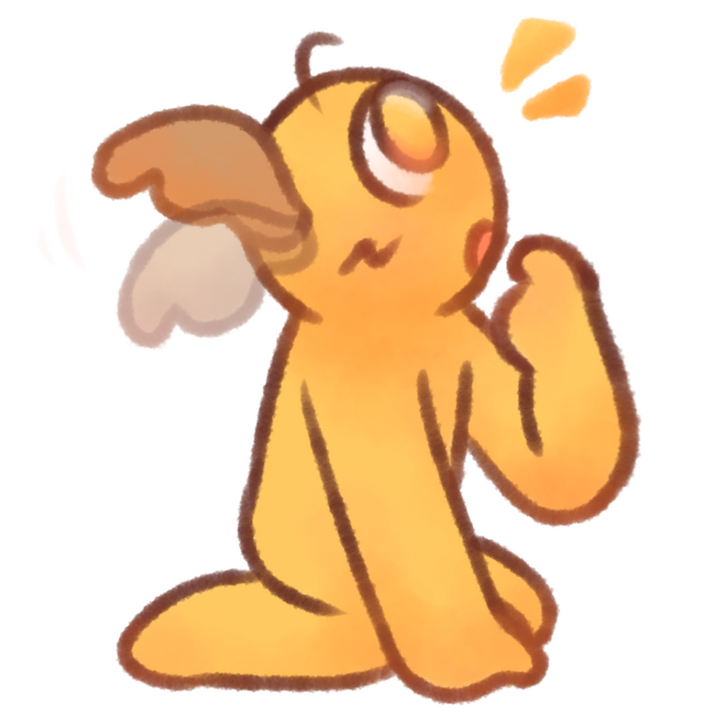 Drawing of an emojiperson with soft brown wing-ears sitting on the ground and stimming by wiggling their wings up and down.