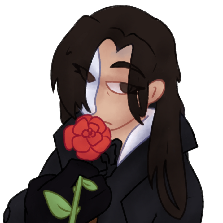Drawing of a genderbent Erik from The Phantom of the Opera looking at the viewer holding a rose to her mouth.