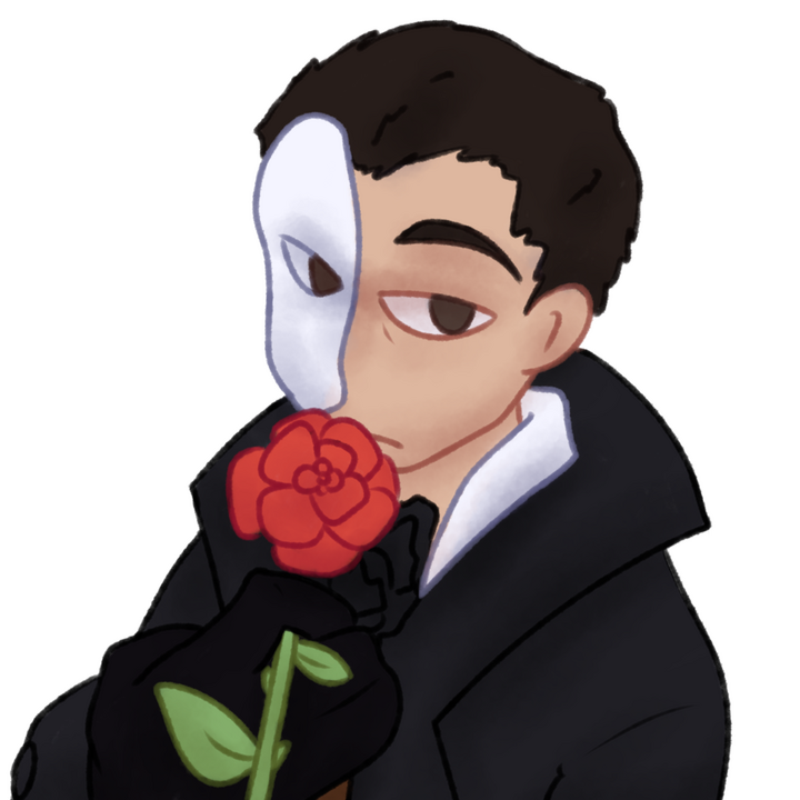 Drawing of Erik from The Phantom of the Opera looking at the viewer holding a rose to his mouth.