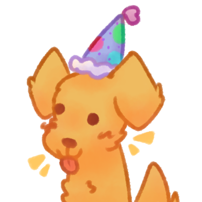 Drawing of a golden retriever with a party hat on sticking its tongue out.